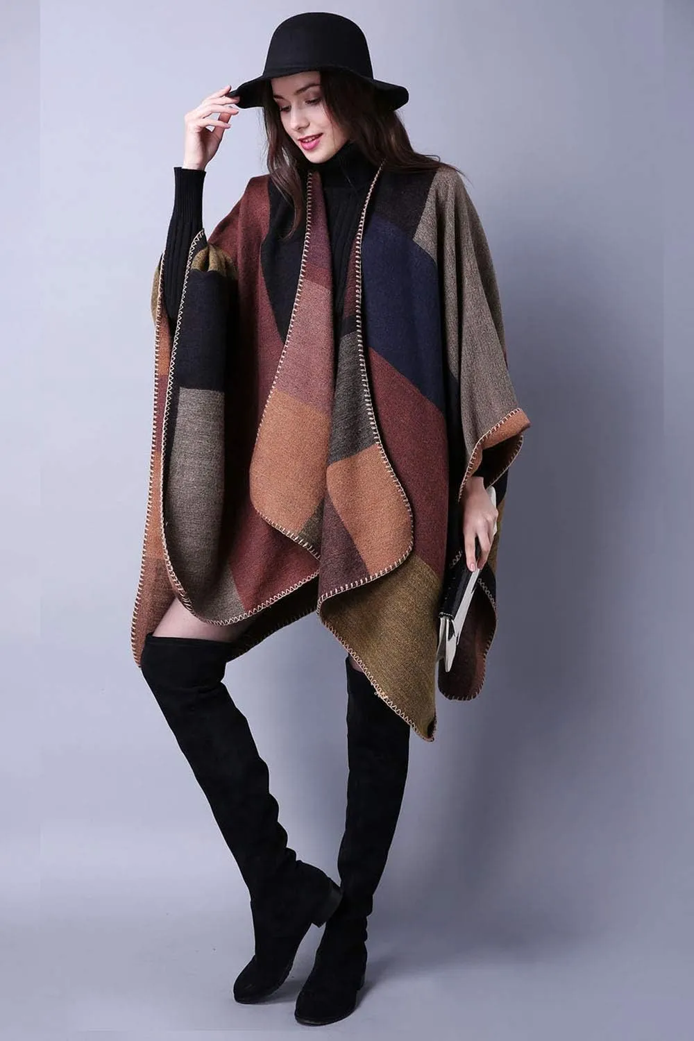 KirGiabo Women's Plaid Sweater Poncho Cape Coat Open Front Blanket Shawls and Wraps