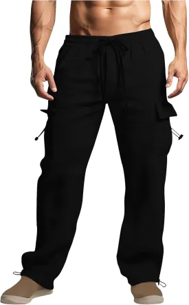 Linen Cargo Pants Men Relaxed Drawstring Pants Elastic Waist Multi Pack Pants Lightweight Lounge Pants Loose Trousers