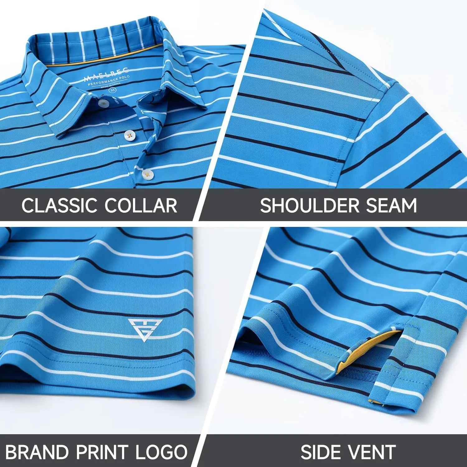 M MAELREG Golf Shirts for Men Short Sleeve Dry Fit Striped Performance Lightweight Moisture Wicking Collared Casual Golf Polo