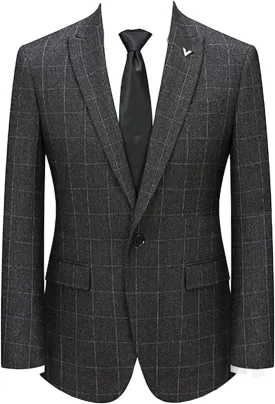 Men's Checked Blazer for Homecoming Business Formal,Peak Lapel Jacket One Button Suit Coat