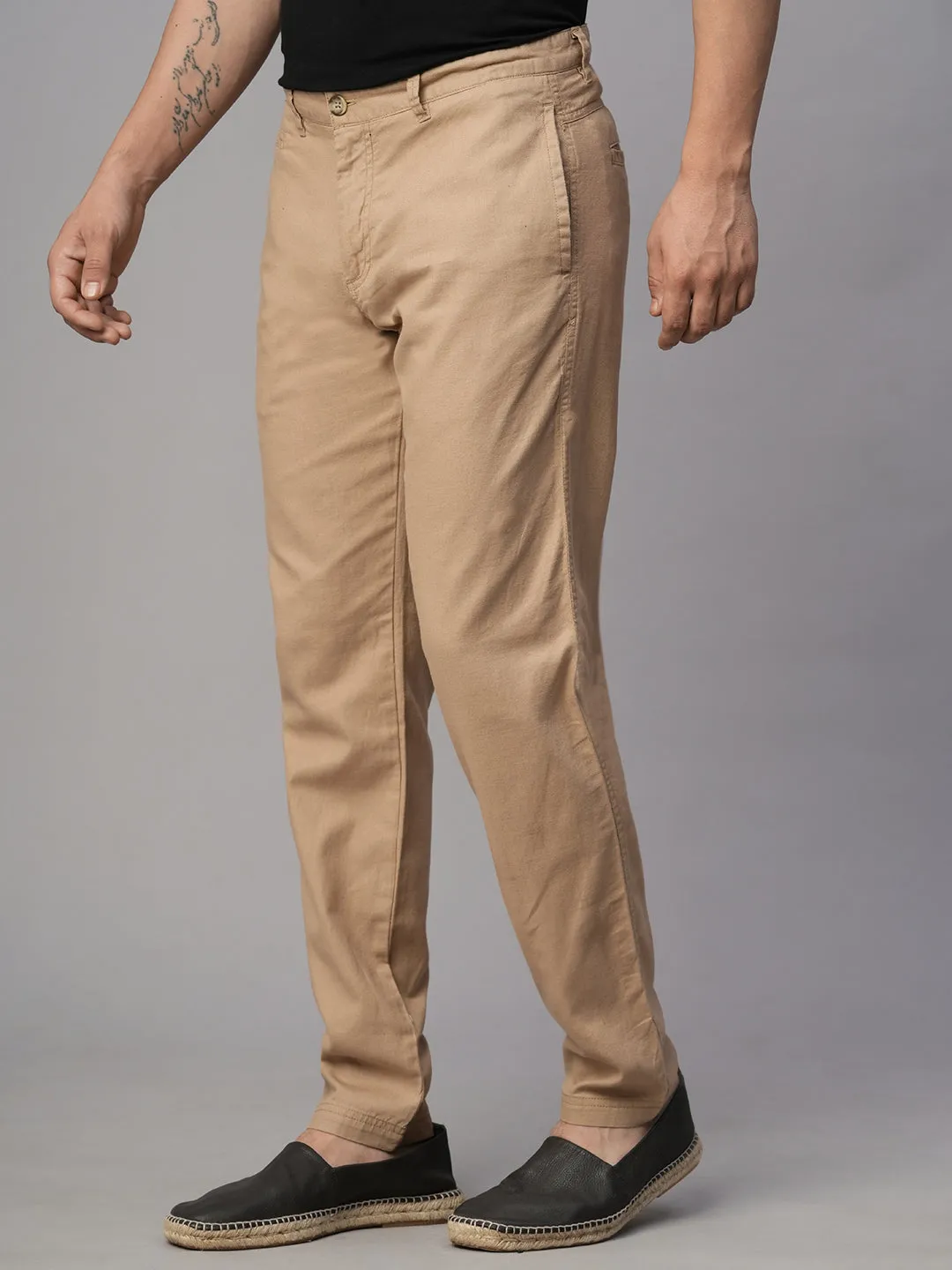 Men's Khaki Cotton Linen Slim Fit Pant