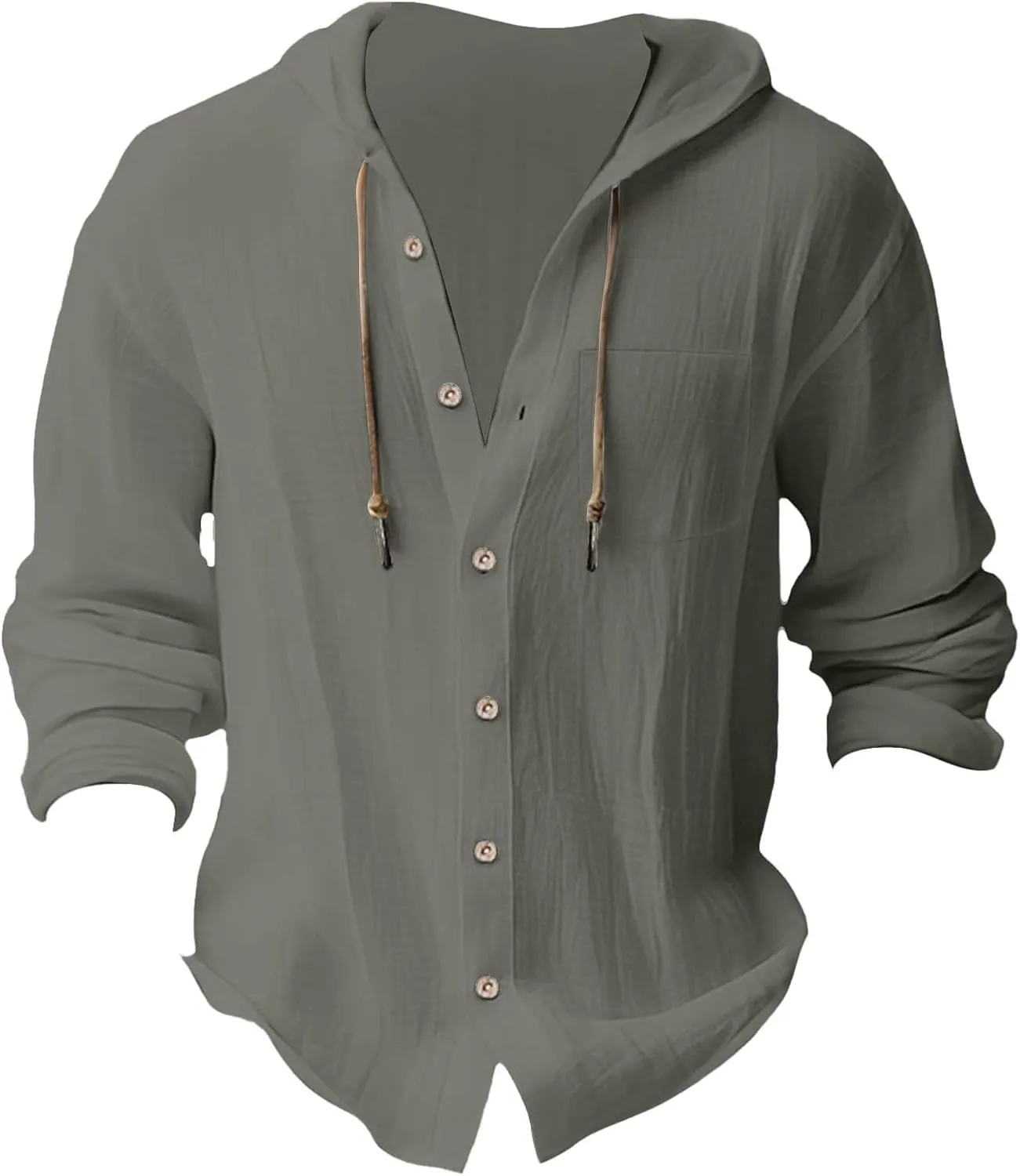 Mens Linen Shirts Casual Long Sleeves Button Down Hippie Shirt Roll-up Sleeve Summer Beach T-Shirts Tops with Hood