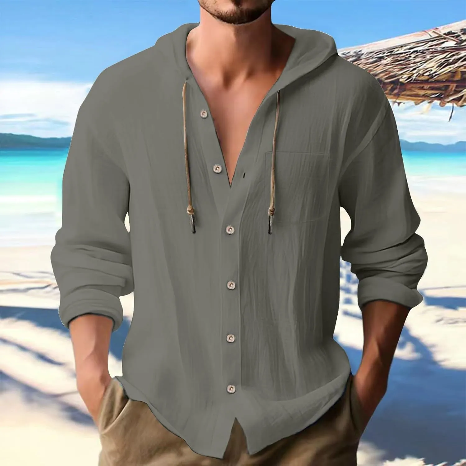 Mens Linen Shirts Casual Long Sleeves Button Down Hippie Shirt Roll-up Sleeve Summer Beach T-Shirts Tops with Hood