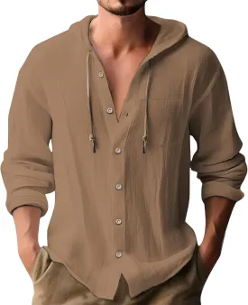 Mens Linen Shirts Casual Long Sleeves Button Down Hippie Shirt Roll-up Sleeve Summer Beach T-Shirts Tops with Hood