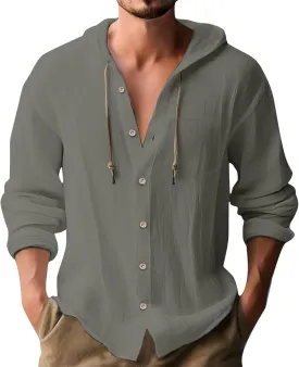 Mens Linen Shirts Casual Long Sleeves Button Down Hippie Shirt Roll-up Sleeve Summer Beach T-Shirts Tops with Hood
