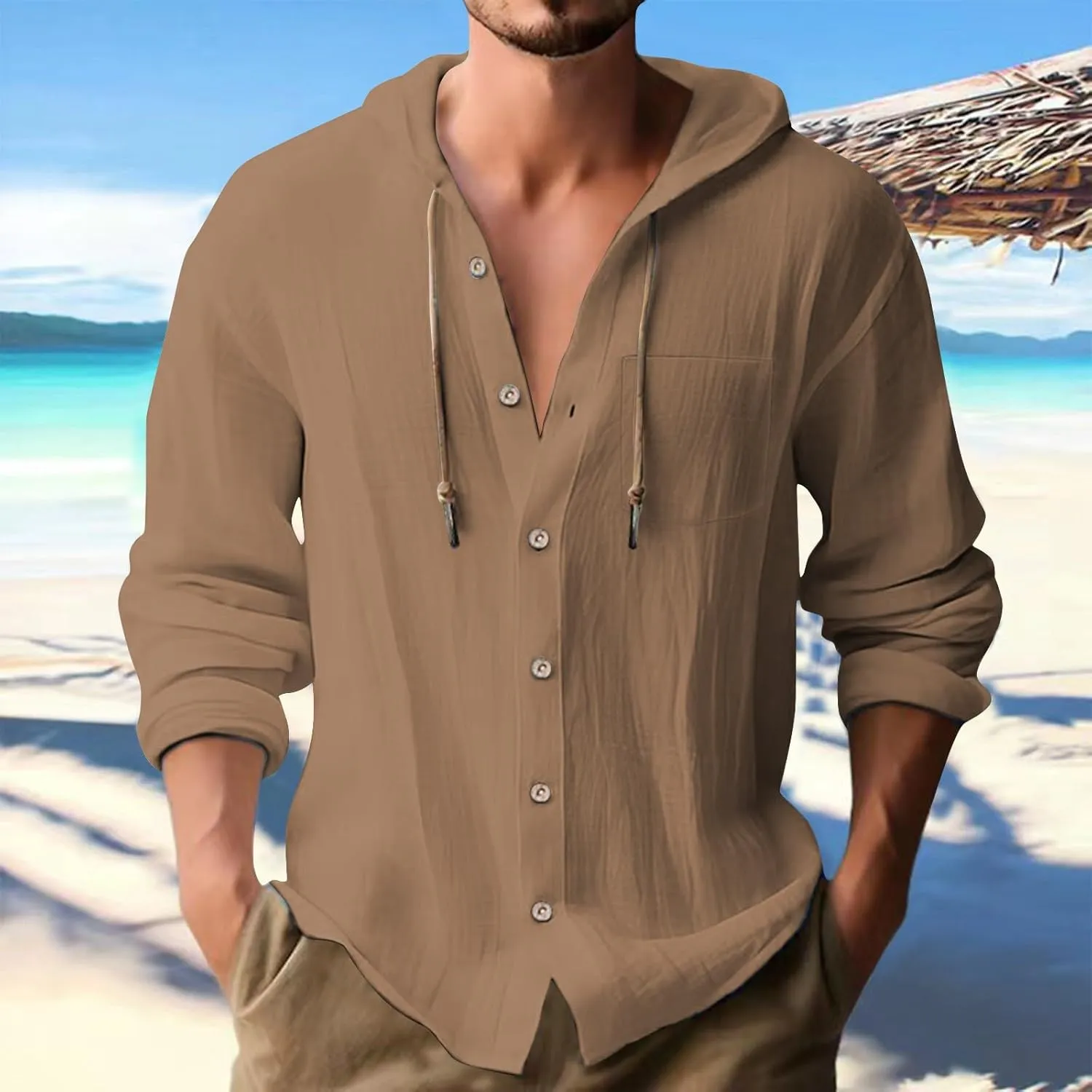 Mens Linen Shirts Casual Long Sleeves Button Down Hippie Shirt Roll-up Sleeve Summer Beach T-Shirts Tops with Hood