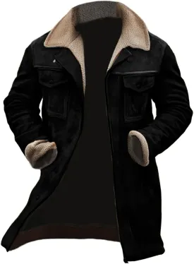 Mens Vintage Suede Jacket Plush Collar Coats Faux Leather Winter Long Jackets Men Zip Up Motorcycle Jacket Coats Retro