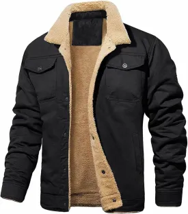 Men's Winter Jacket Casual Sherpa Fleece Lined Cargo Coat Warm Thicken Lapel Collar Trucker Jacket with Multi Pockets