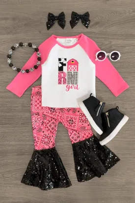 "Farm Girl" Pink Sequin Bell Bottom Set