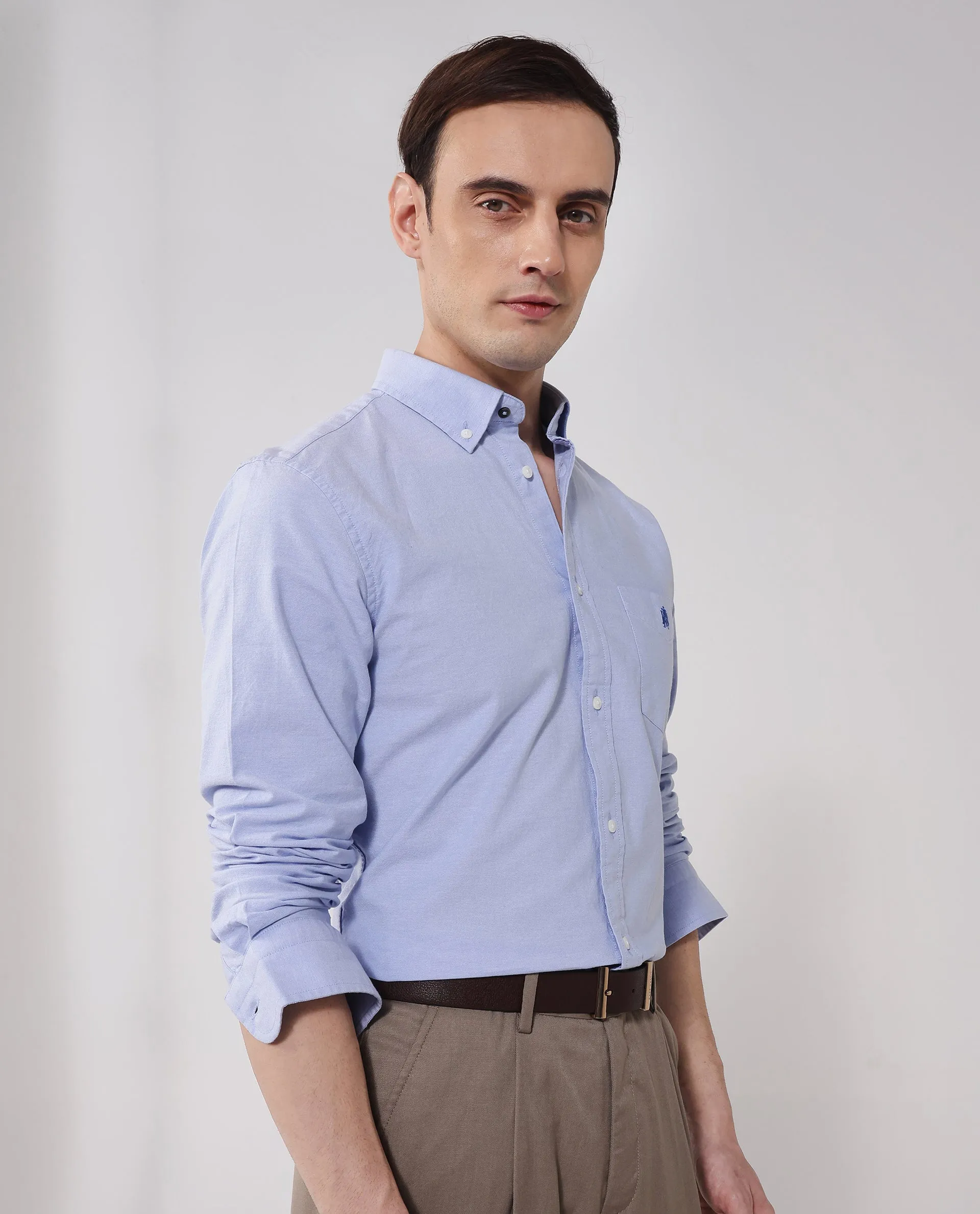 Rare Rabbit Men Oxob Light Blue Cotton Spandex Fabric Full Sleeve Button Down Collar Regular Fit Embroidered Logo Plain Shirt
