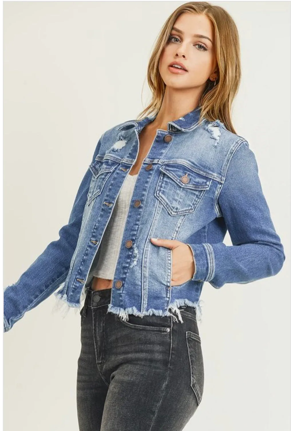 RISEN DISTRESSED VINTAGE FRAYED HEM JACKET