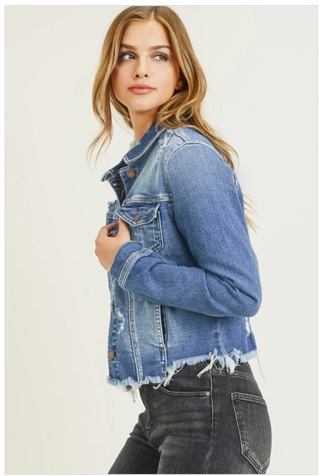 RISEN DISTRESSED VINTAGE FRAYED HEM JACKET