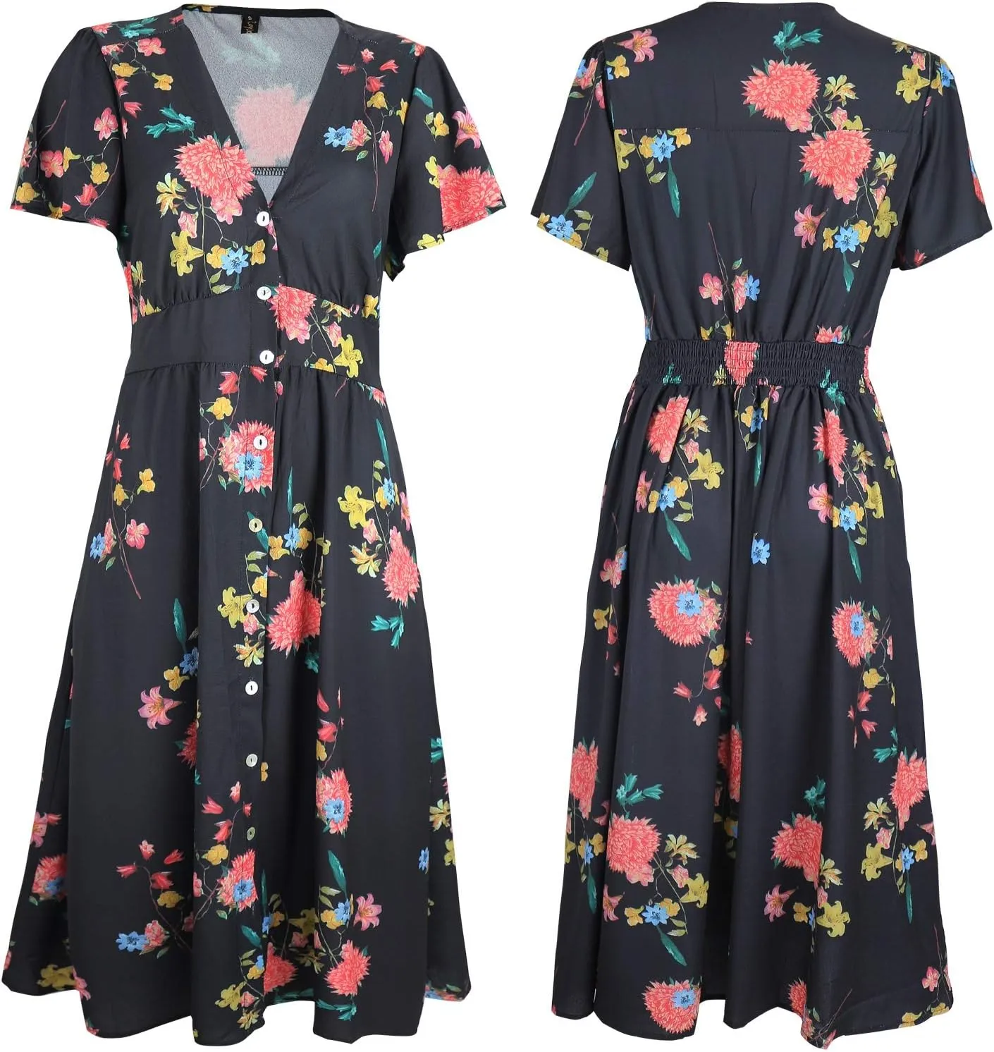 ROYLAMP Women's Floral Button Up Split Dress Deep V Short Bell Sleeve Casual Midi Dress with Pockets