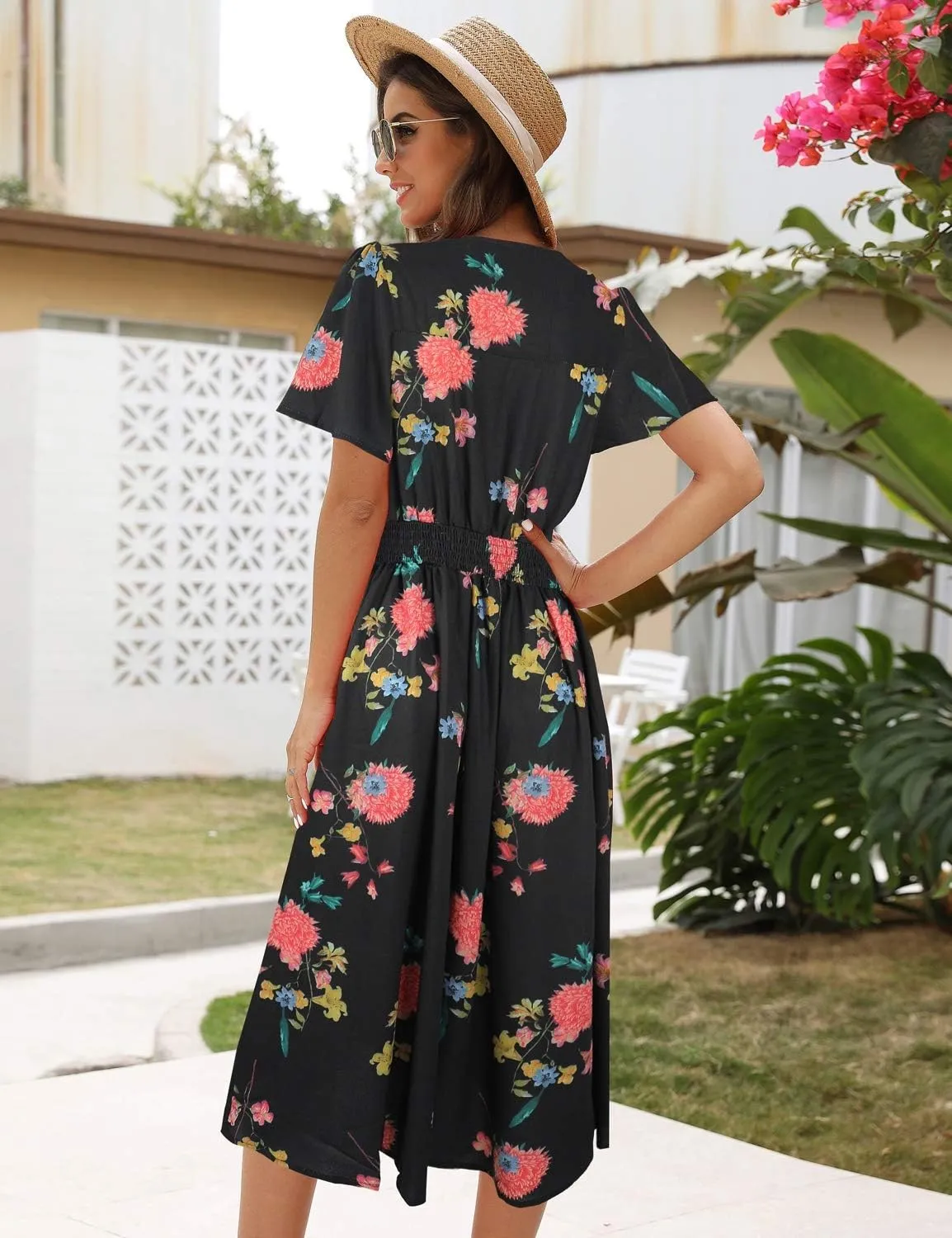 ROYLAMP Women's Floral Button Up Split Dress Deep V Short Bell Sleeve Casual Midi Dress with Pockets