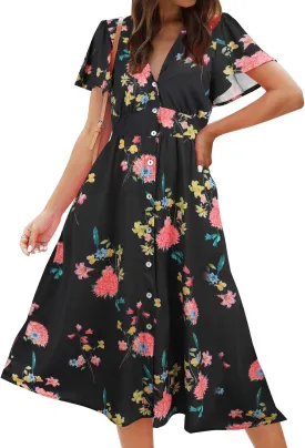 ROYLAMP Women's Floral Button Up Split Dress Deep V Short Bell Sleeve Casual Midi Dress with Pockets