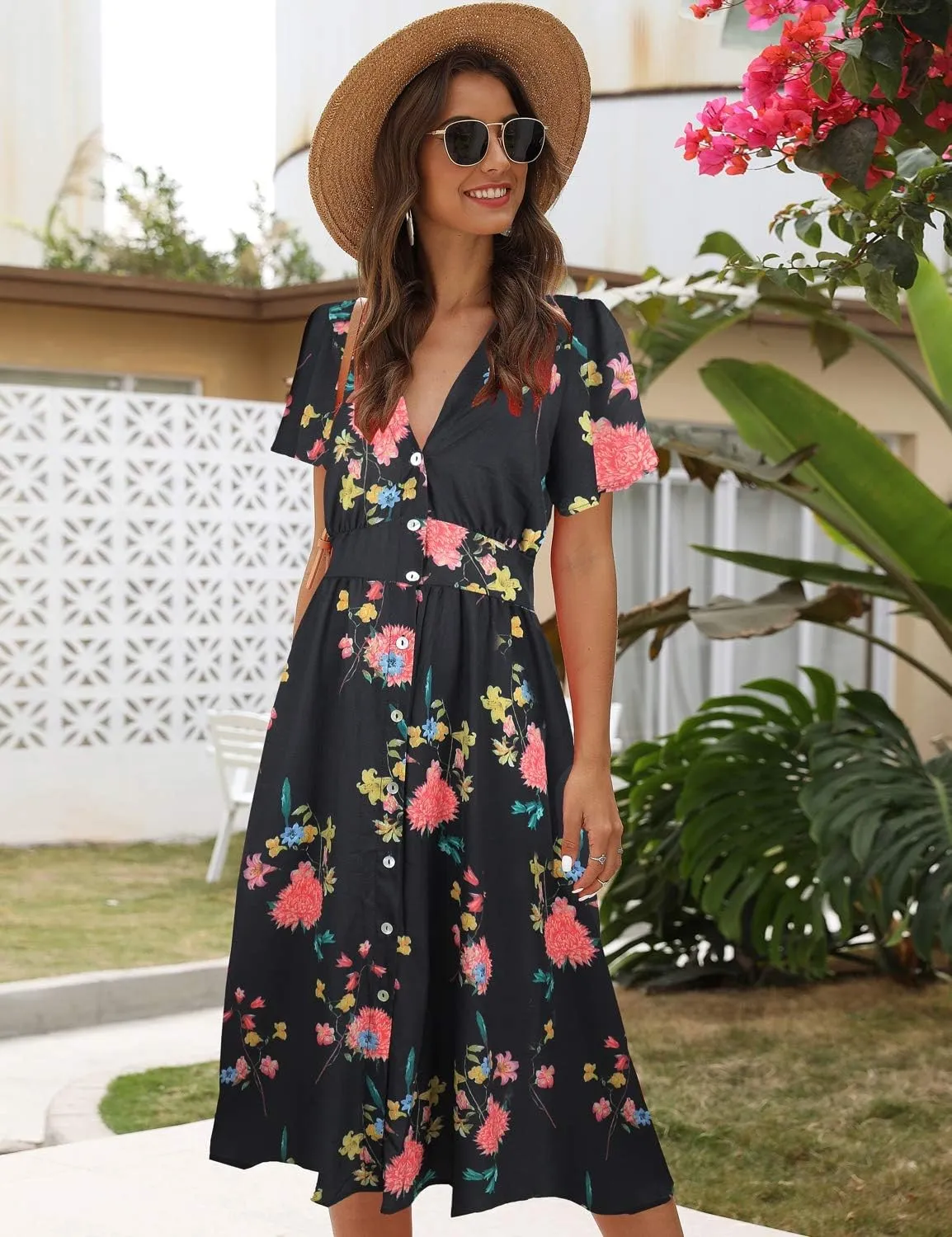 ROYLAMP Women's Floral Button Up Split Dress Deep V Short Bell Sleeve Casual Midi Dress with Pockets