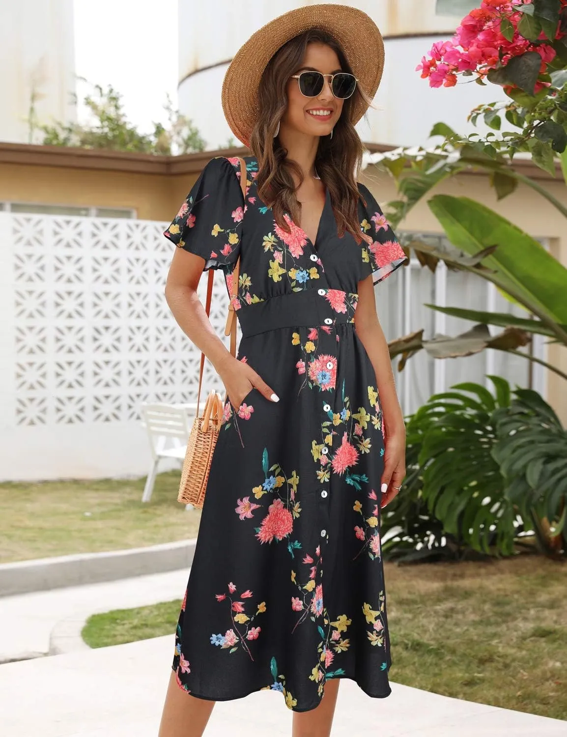 ROYLAMP Women's Floral Button Up Split Dress Deep V Short Bell Sleeve Casual Midi Dress with Pockets