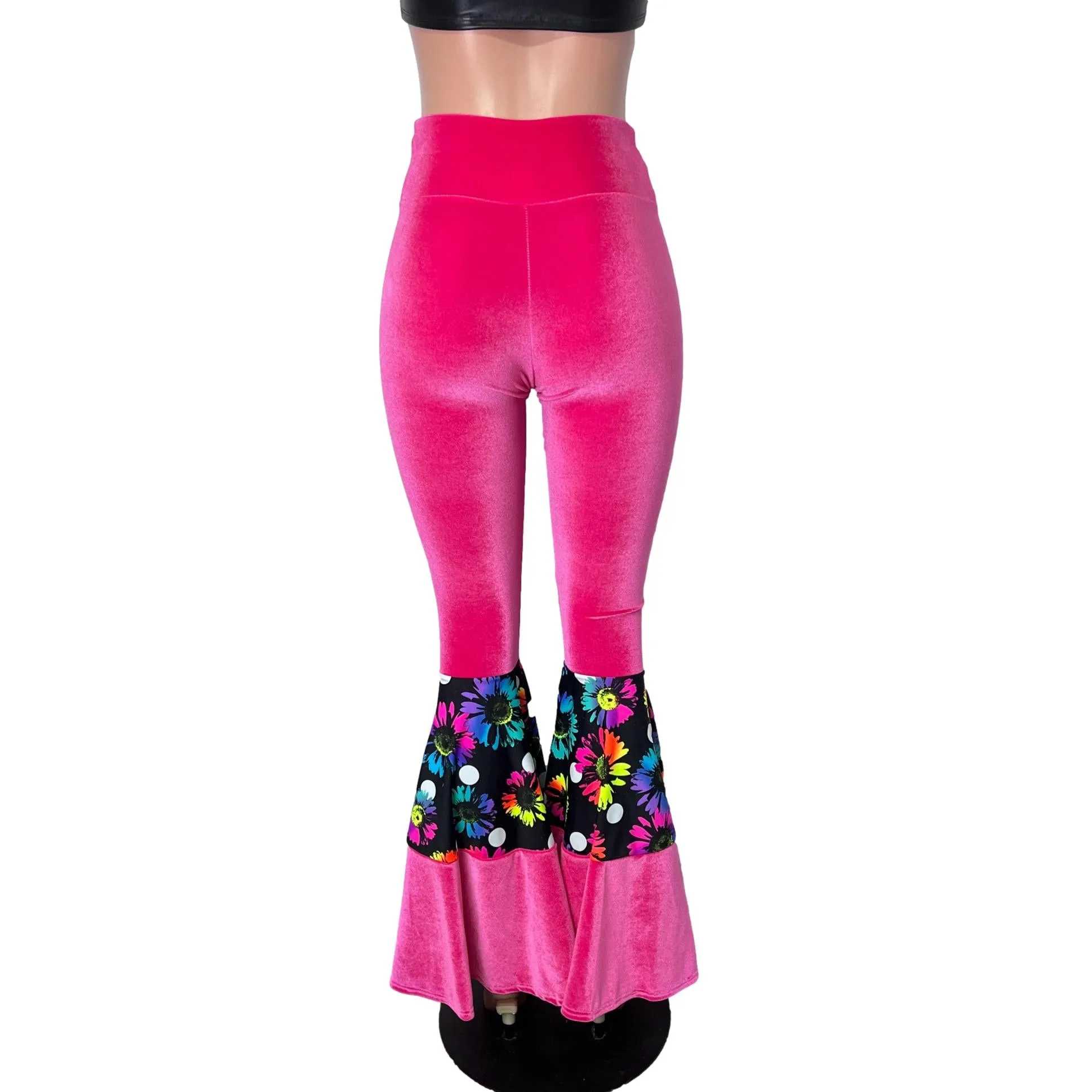 SALE - SMALL Tiered Bell Bottom Flares - Neon Hot Pink Velvet w/ Polka Dot Electric Daisy