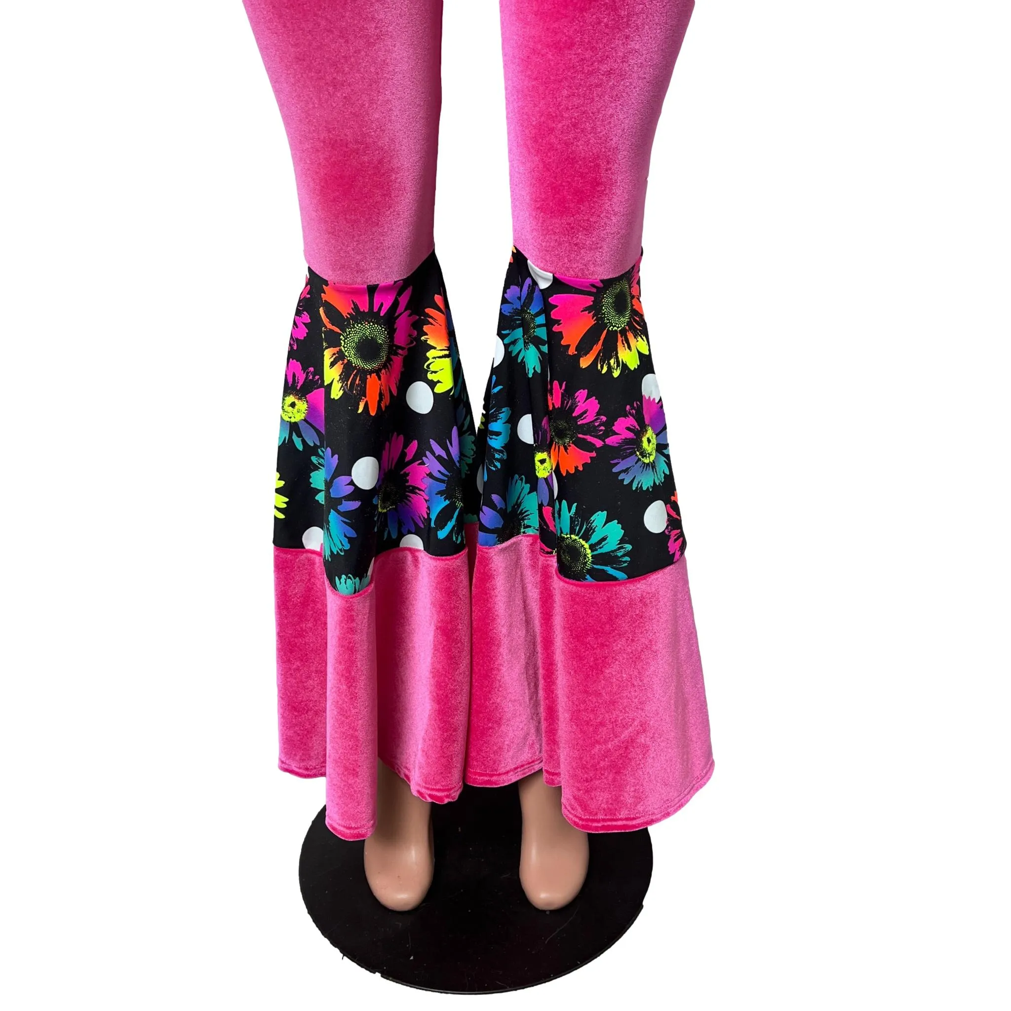 SALE - SMALL Tiered Bell Bottom Flares - Neon Hot Pink Velvet w/ Polka Dot Electric Daisy