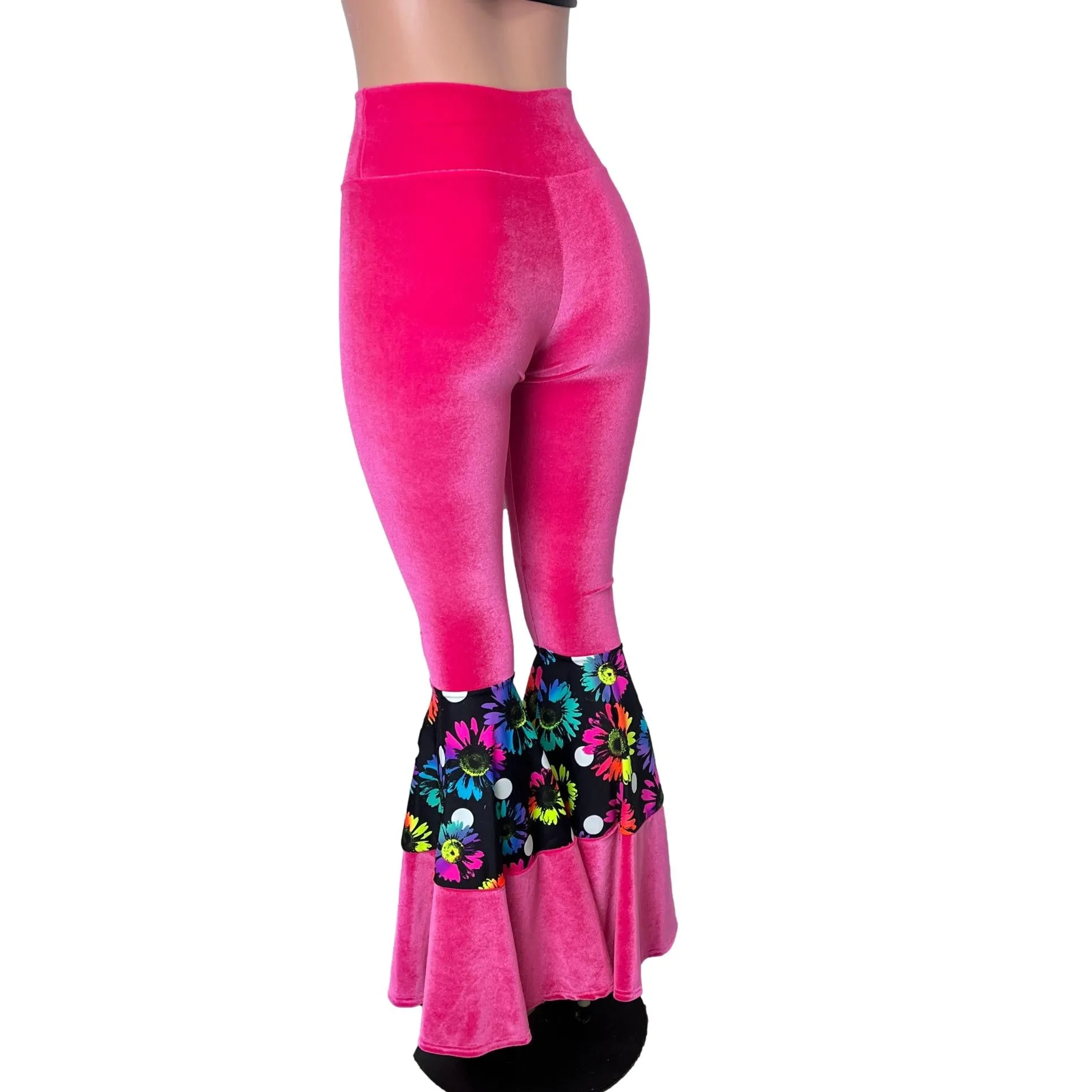 SALE - SMALL Tiered Bell Bottom Flares - Neon Hot Pink Velvet w/ Polka Dot Electric Daisy