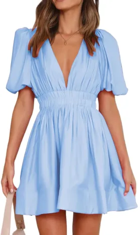 Sexy Summer Dresses for Women 2025 Puff Short Sleeve V Neck Mini Dress A Line Elastic High Waist Flowy Swing Dresses