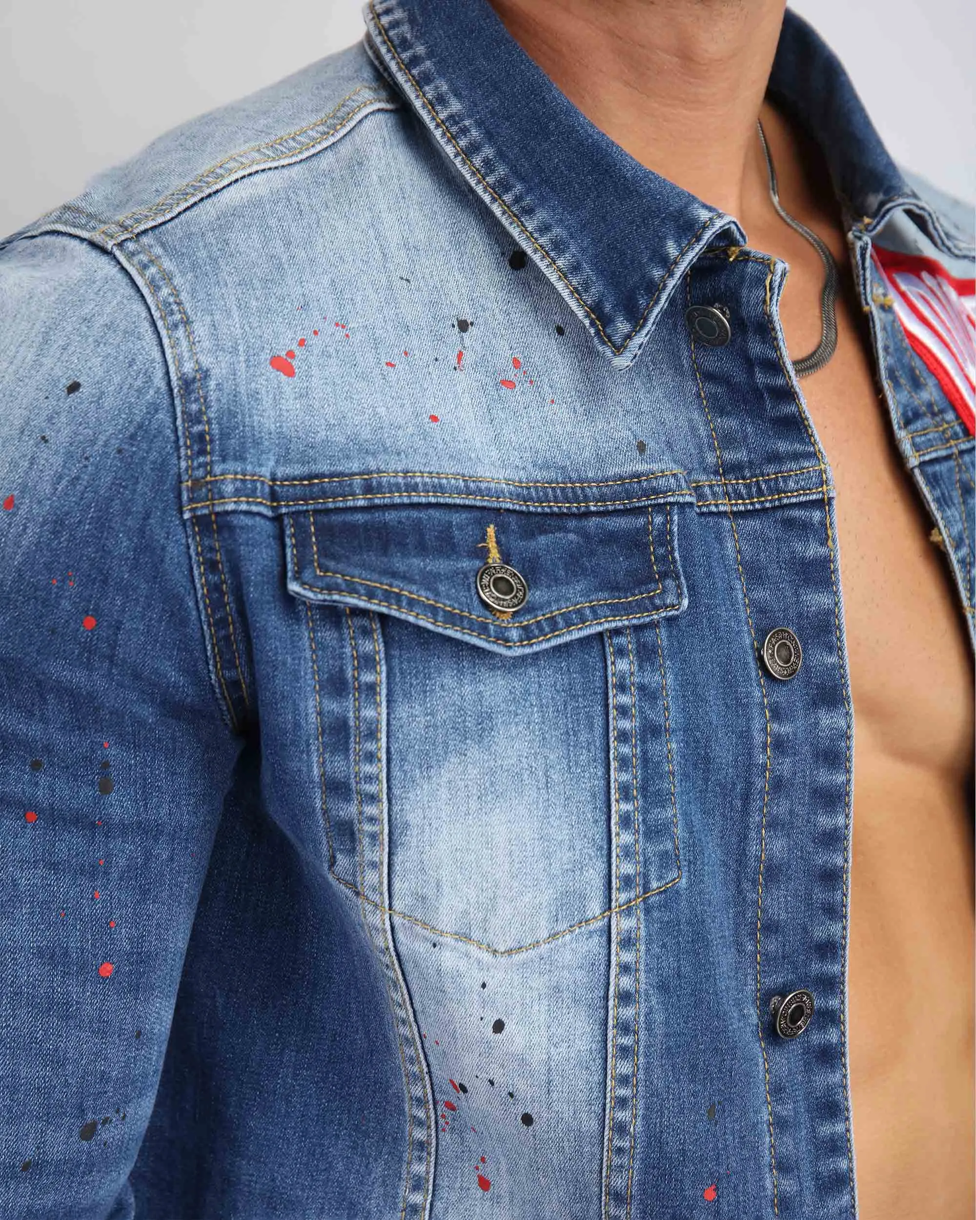 Spray Paint Blue Denim Jacket with ‘2’ Patch-Mexico Local Delivery