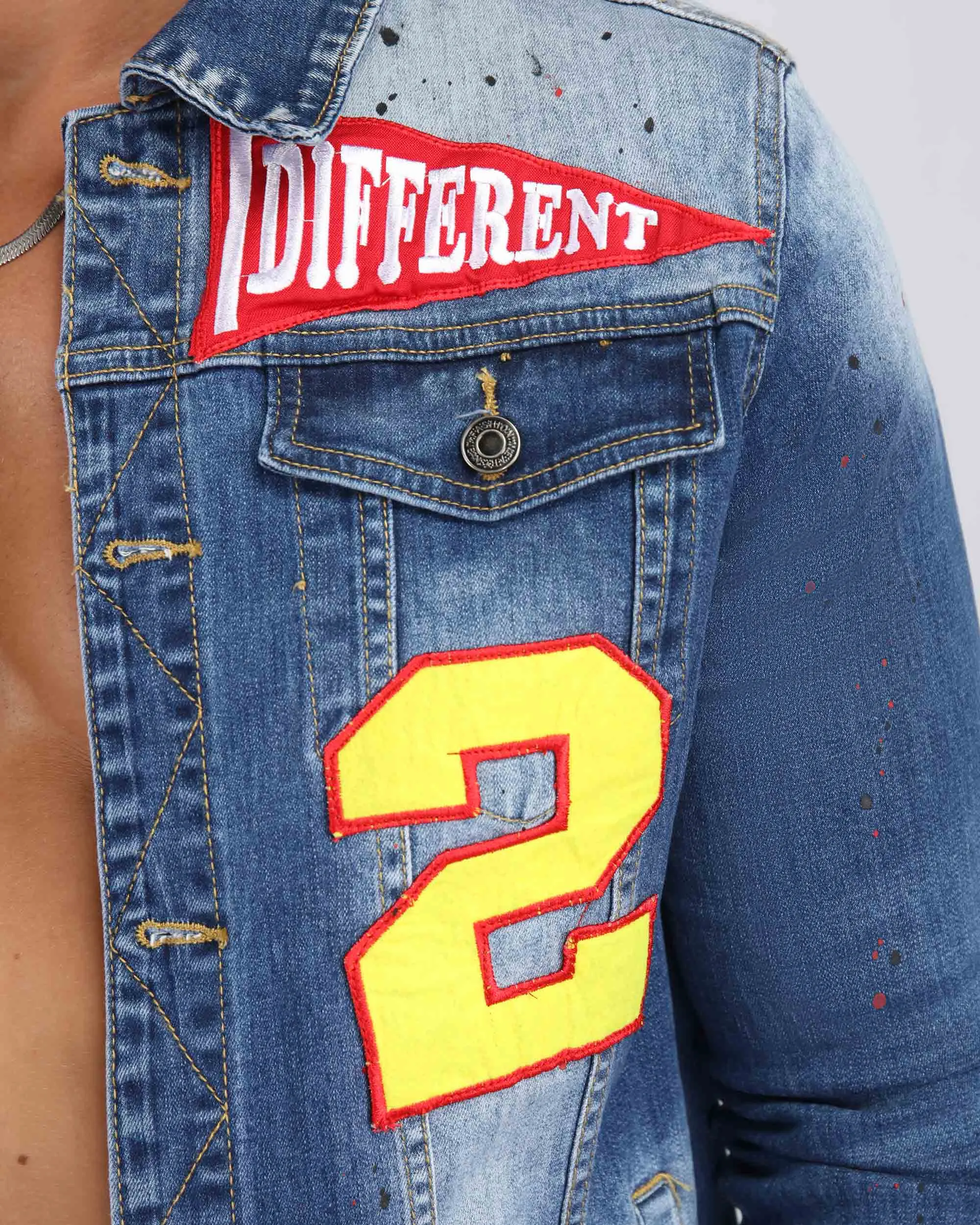 Spray Paint Blue Denim Jacket with ‘2’ Patch-Mexico Local Delivery