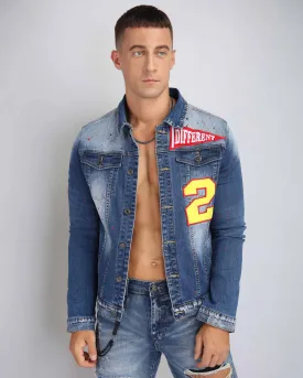 Spray Paint Blue Denim Jacket with ‘2’ Patch-Mexico Local Delivery