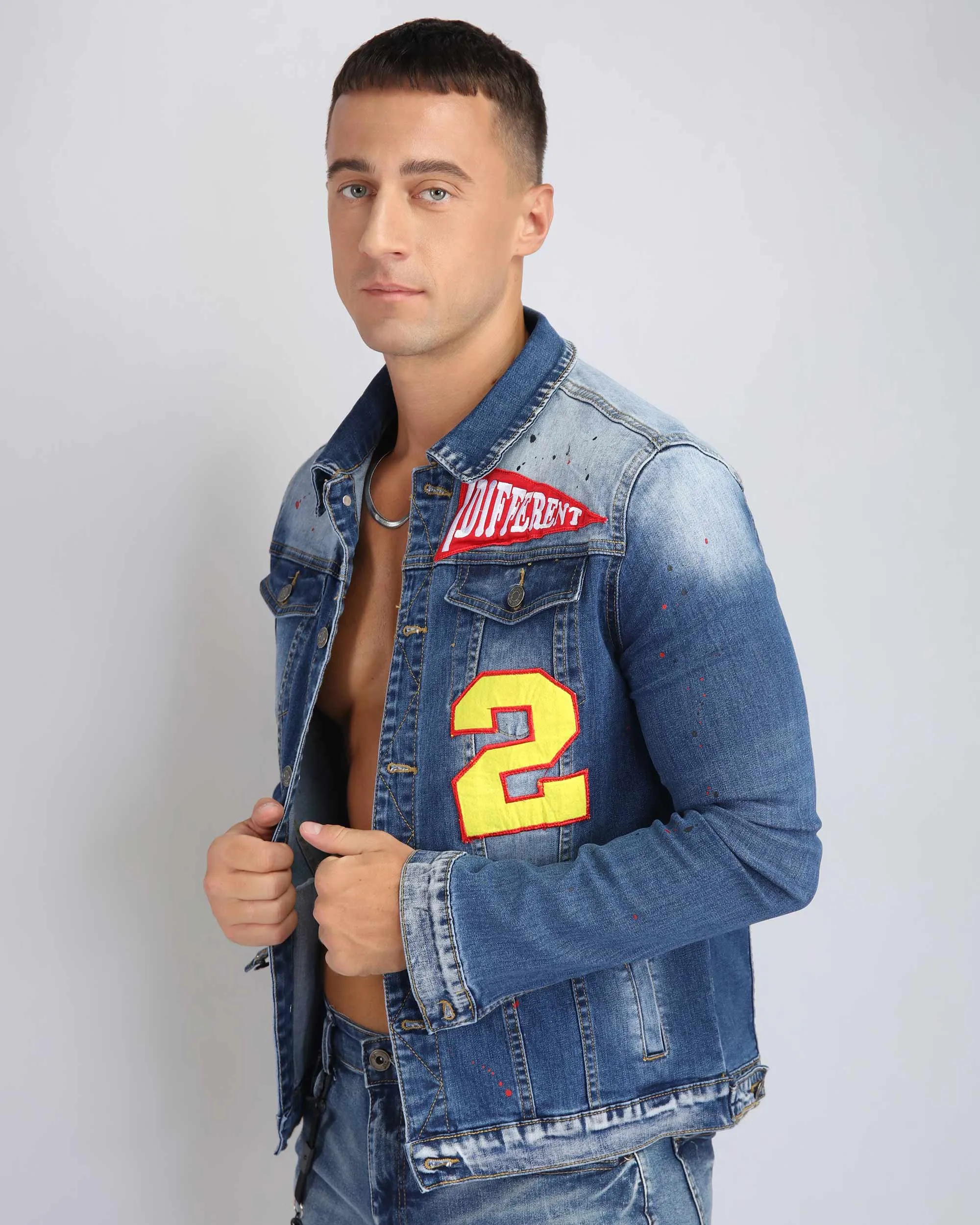 Spray Paint Blue Denim Jacket with ‘2’ Patch-Mexico Local Delivery