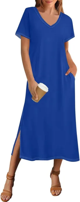 Summer Dresses for Women 2025 Beach Vacation Spring Clothes Short Sleeve V Neck Casual Maxi Dresses