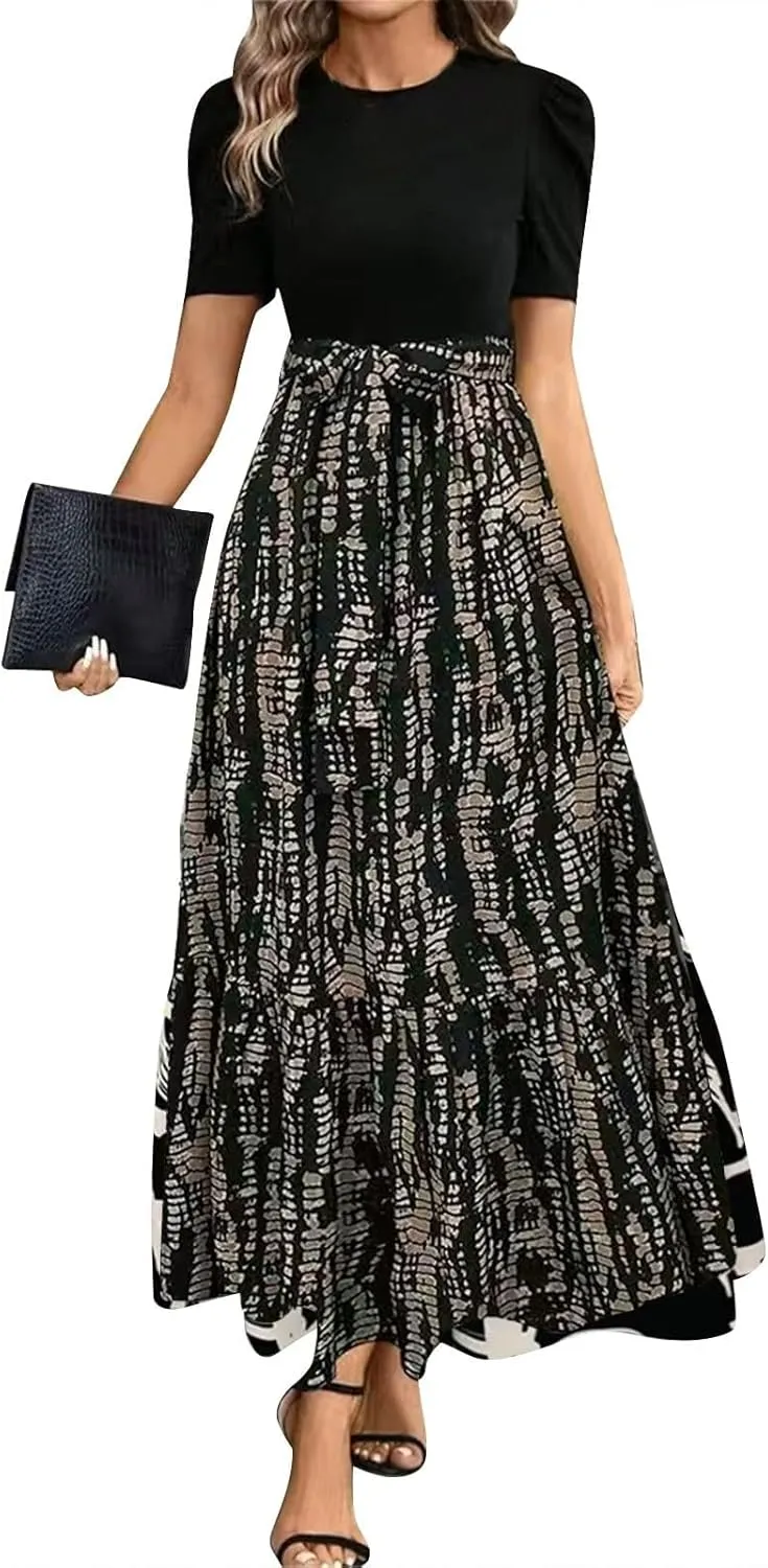 Summer Dresses for Women Puff Sleeve Maxi Dress Casual Flowy Floral Short Sleeve Sundress with Belt