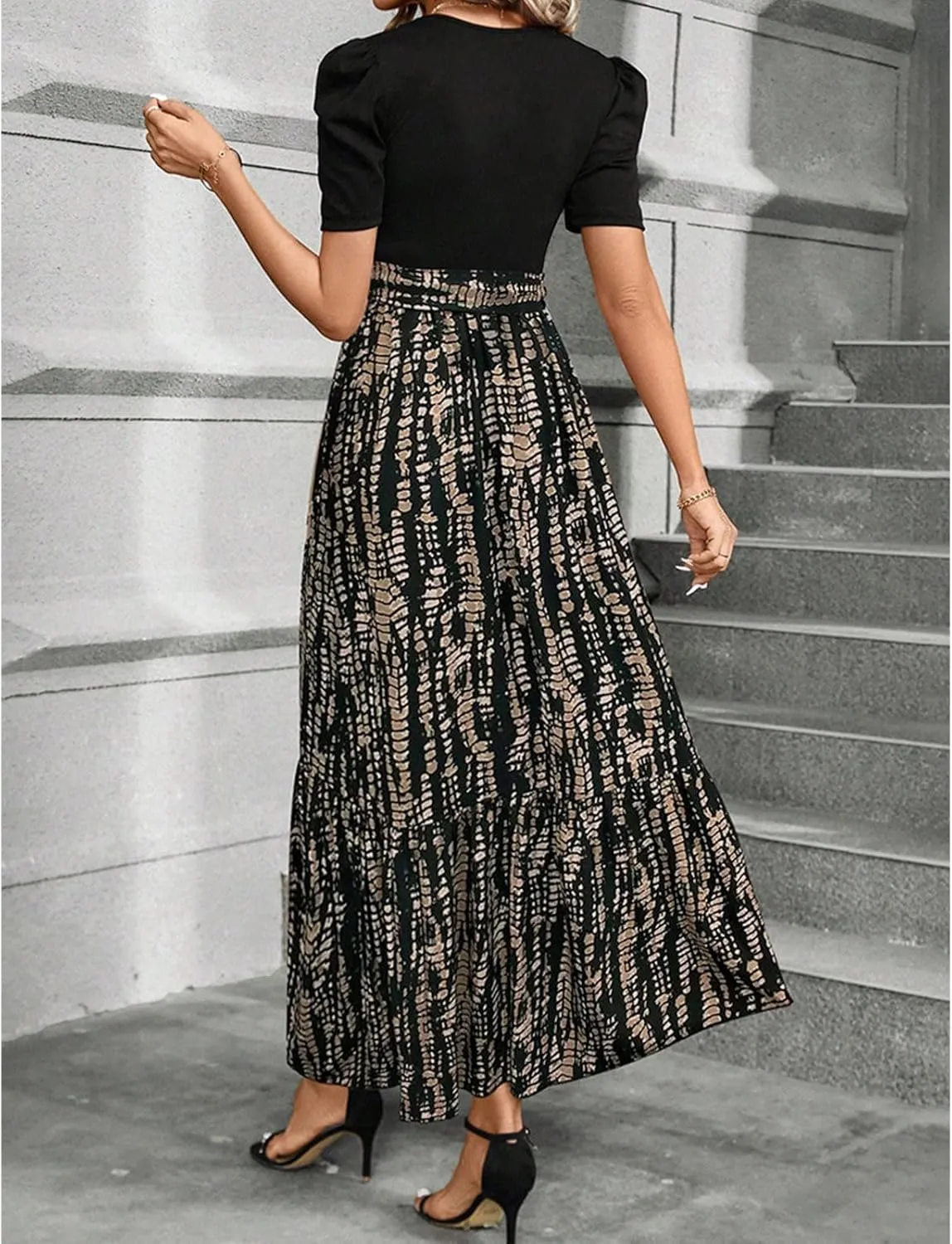 Summer Dresses for Women Puff Sleeve Maxi Dress Casual Flowy Floral Short Sleeve Sundress with Belt