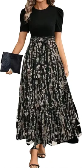 Summer Dresses for Women Puff Sleeve Maxi Dress Casual Flowy Floral Short Sleeve Sundress with Belt