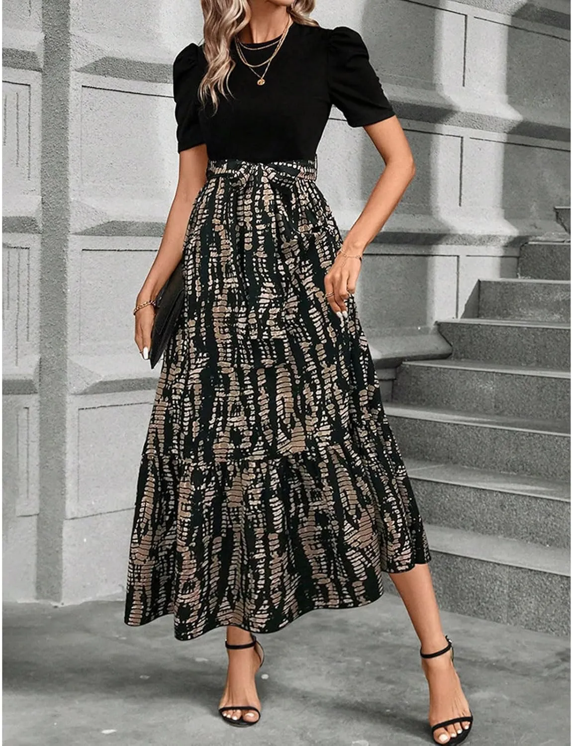 Summer Dresses for Women Puff Sleeve Maxi Dress Casual Flowy Floral Short Sleeve Sundress with Belt