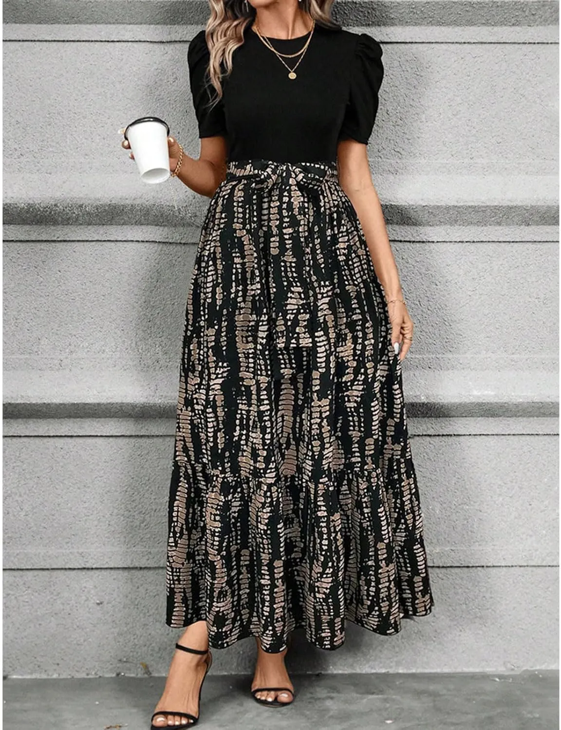 Summer Dresses for Women Puff Sleeve Maxi Dress Casual Flowy Floral Short Sleeve Sundress with Belt