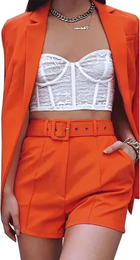 Tcremisa Blazer Shorts Set for Women 2 Piece Long Sleeve Open Front Blazers Short Suits Business Outfits with Belt