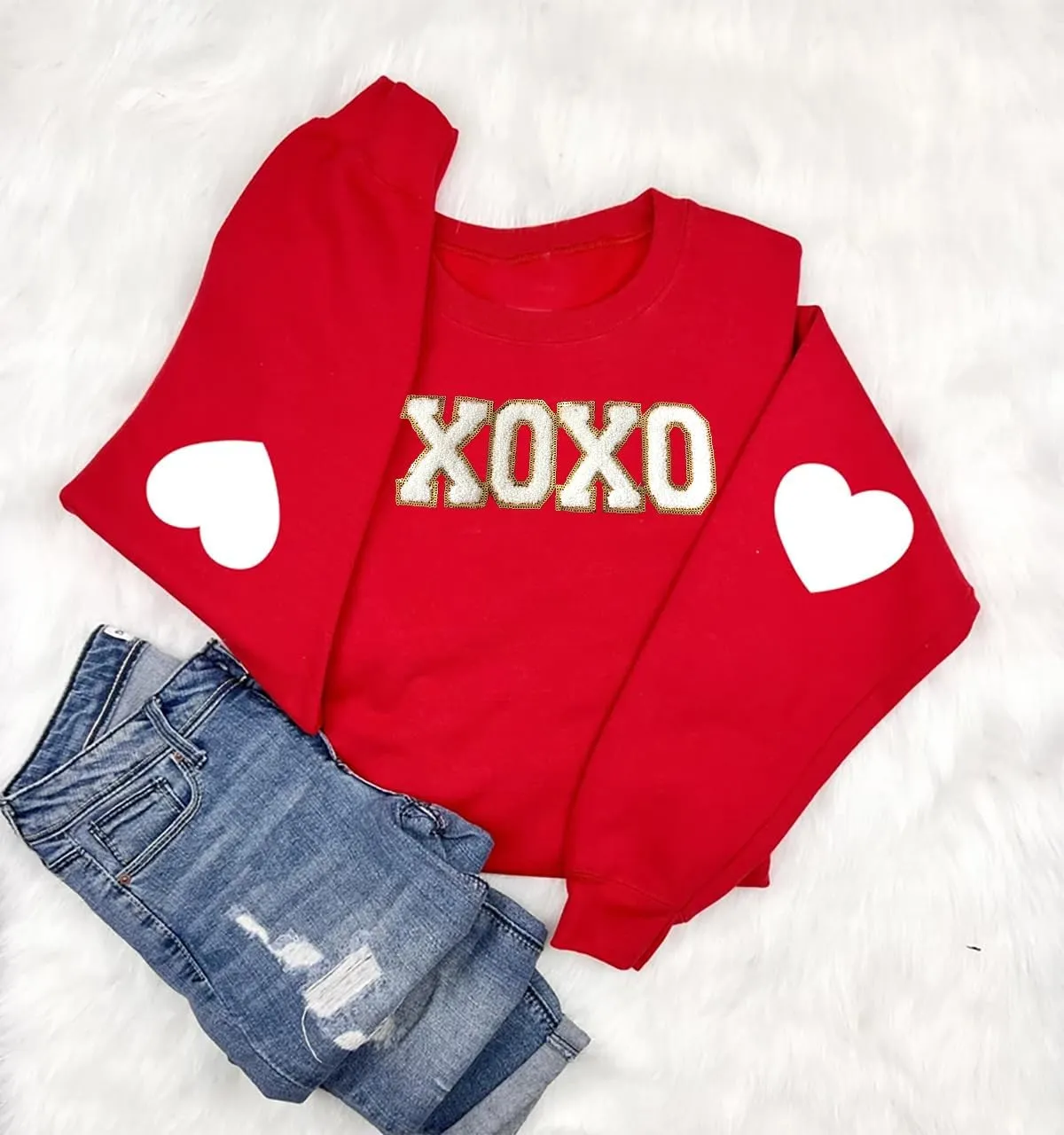 Valentine's Sweatshirt Women Love Heart Graphic Pullover Top Chenille Patch Valentines Gifts Shirt