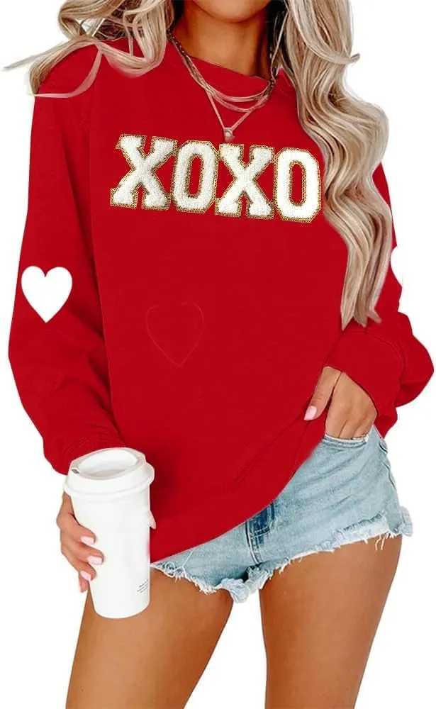 Valentine's Sweatshirt Women Love Heart Graphic Pullover Top Chenille Patch Valentines Gifts Shirt