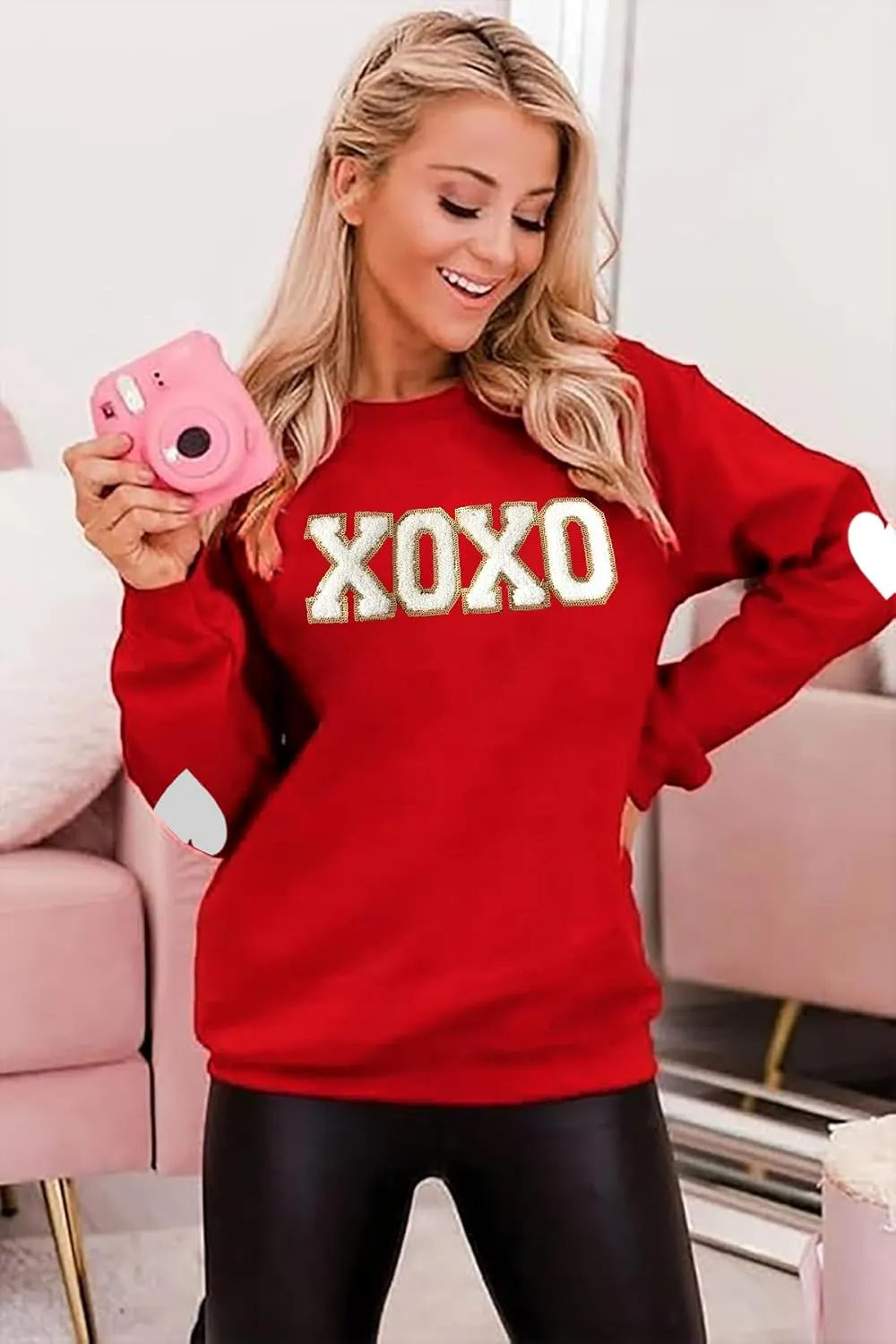 Valentine's Sweatshirt Women Love Heart Graphic Pullover Top Chenille Patch Valentines Gifts Shirt