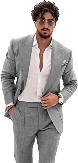 Wangyue Men's 2-Piece Linen Suit Casual Slim Fit Vintage Suits Groomsmen Tuxedos Wedding Summer Beach Blazer Pants Set
