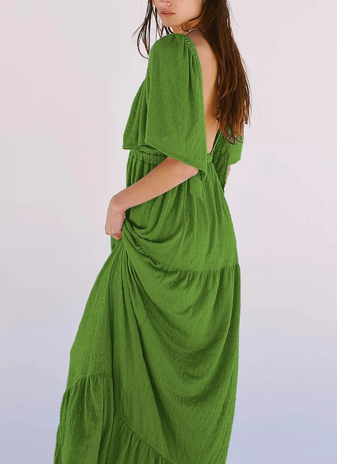 Women Summer Dresses Sexy V-Neck Maxi Dress Tiered Silhouette with Flutter Sleeve Backless Elastic Waist Flowy Dress