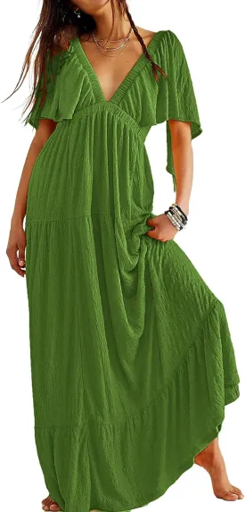 Women Summer Dresses Sexy V-Neck Maxi Dress Tiered Silhouette with Flutter Sleeve Backless Elastic Waist Flowy Dress