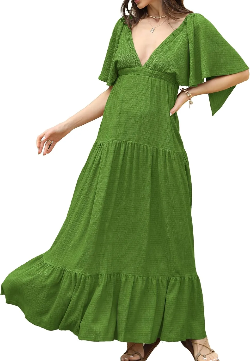 Women Summer Dresses Sexy V-Neck Maxi Dress Tiered Silhouette with Flutter Sleeve Backless Elastic Waist Flowy Dress