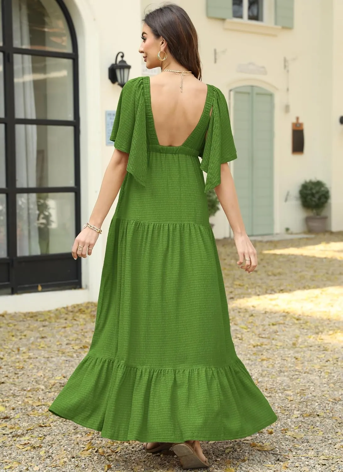 Women Summer Dresses Sexy V-Neck Maxi Dress Tiered Silhouette with Flutter Sleeve Backless Elastic Waist Flowy Dress