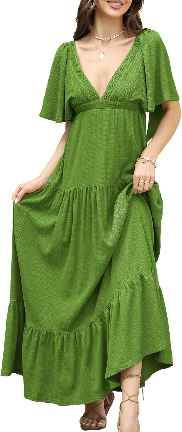 Women Summer Dresses Sexy V-Neck Maxi Dress Tiered Silhouette with Flutter Sleeve Backless Elastic Waist Flowy Dress