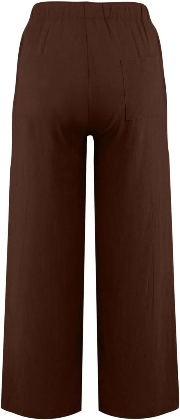 Women Summer Wide Leg Pants Drawstring Elastic High Waisted Lounge Pants Beach Casual Trousers with Pockets