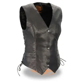 Women’s Black Lightweight Snap Front Vest w/ Thin Braiding Detail