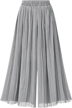 Women's Chiffon Pleated Wide Leg Pants Baggy Capris Culotte Dressy Casual Palazzo Pants Flowy Loose Beach Trousers