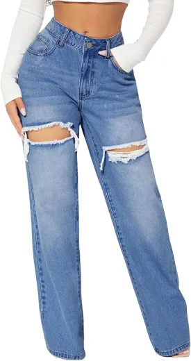 Womens Distressed Straight Leg Jeans High Waisted Wide Leg Baggy Jeans Boyfriend Casual Denim Pants.