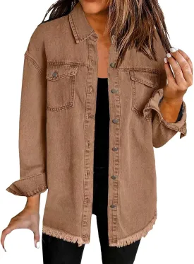 Womens Oversized Button Up Frayed Hem Shacket Long Sleeve Pockets Denim Jean Jacket Trucker Coats
